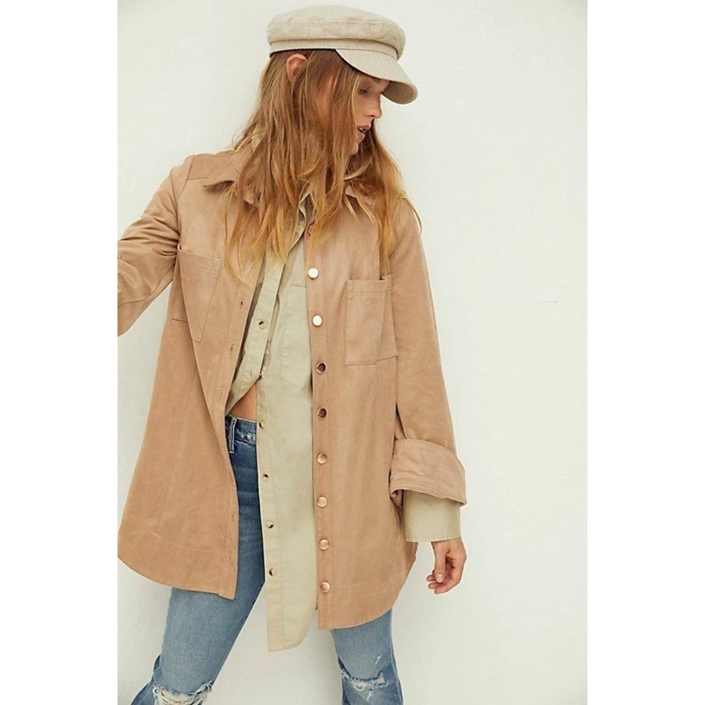 Free People Faux Suede Bell Sleeve Button Down‎ Shirt Jacket Camel Small Western